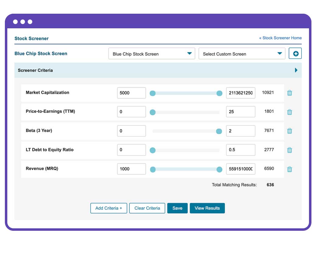 This image shows Qtrade’s stock screener that investors use to sort through thousands of stocks, mutual funds and ETFs, and find the ones that suit your goals and objectives. 