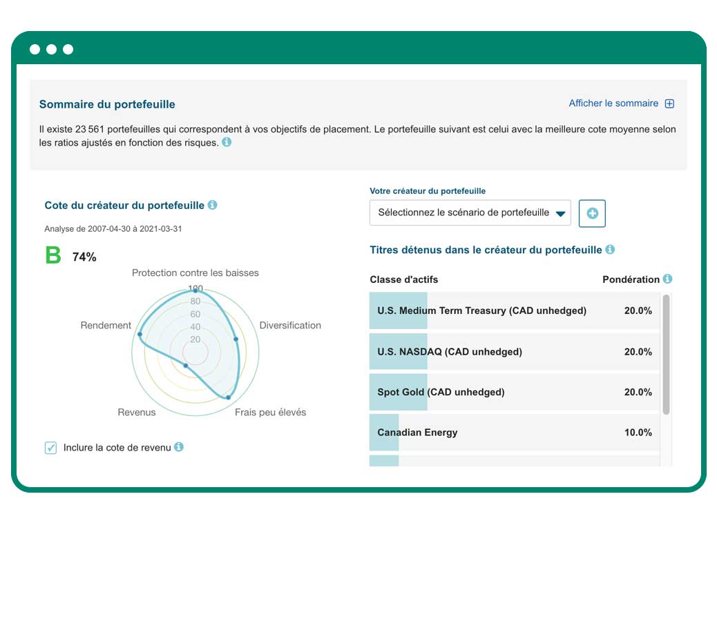 Cette image montre l’outil Créateur du portefeuille de Qtrade, l’un des outils de planification et des calculateurs gratuits de Qtrade.